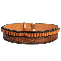 Hulara Full Grain Buff Leather Gun Belt - 22 Cartridge Western Costume Bullet Belt for Men (Two-tone Brown, Size-1(34-36) Inc
