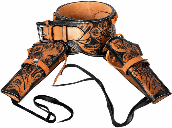 Hulara Leather Western Gun Holster with Belt – Buff Leather Cowboy Gun Belt with Ammo Loops for .22, .357 & .45 – Western Style Holster for Revolvers