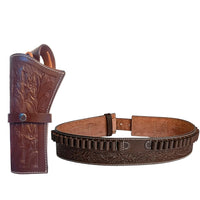Hulara Carved Flower Brown Western Gun Holster & Leather Ammo Belt Set â€“ 22 Cartridge Leather Belt Size-3 With Heritage Cowbo