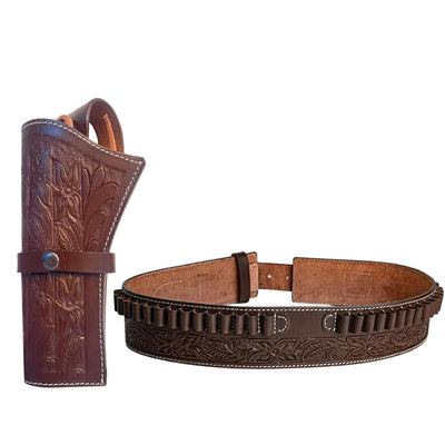 Hulara Carved Flower Brown Western Gun Holster & Leather Ammo Belt Set â€“ 22 Cartridge Leather Belt Size-3 With Heritage Cowboy Revolver Holster Left