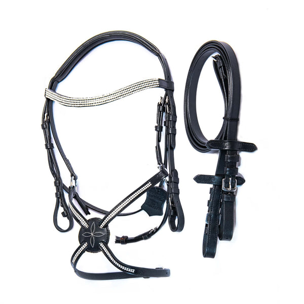 Hulara Top Grain Cowhide Leather English Bridle Snaffle Crossover Figure 8 Horse Bridle Rhinestone Browband and Flash Noseband Horse Bit Bridle with Reins Bridles for Horses