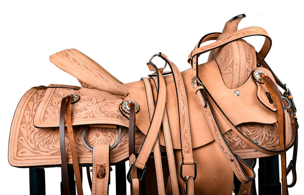 Hulara Western Saddle Tooled Genuine Leather Horse Saddle Carved Comfy Seat Size Western Saddle for Horses Barrel Racing Saddle