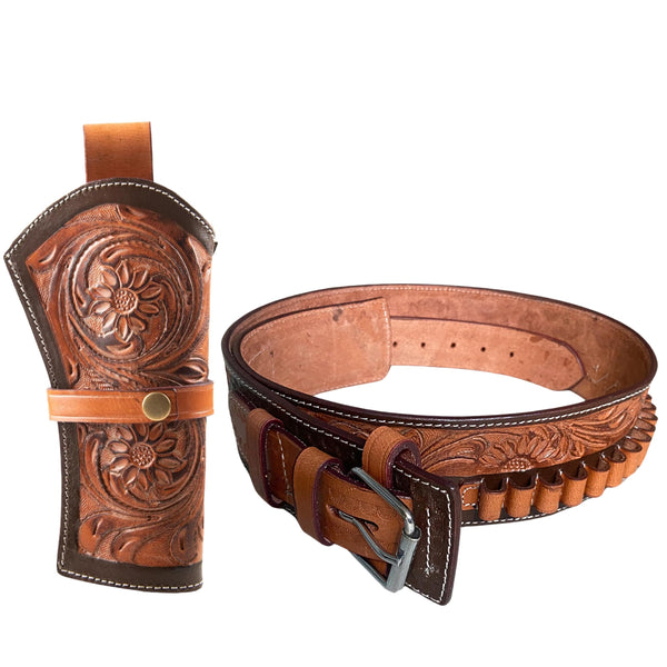 Hulara 2 Tone Flower Full Grain Leather Western Gun Holster & Ammo Belt Set -22 Cartridge Leather Belt Size-4 With Cross Draw Holster Right