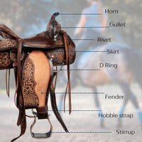 Hulara Western Saddle Tooled Genuine Leather Horse Saddle Carved Comfy Seat Western Saddle for Horses Barrel Racing Sadd