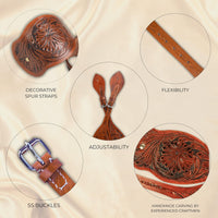 Hulara Western Genuine Leather Spur Straps, Genuine Leather, Antique Hand Tooling, Adjustable Stainl - 4