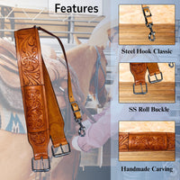 Hulara Western Carved Leather Rear Flank Back Saddle Girth Cinch Belt with Bucking Strap Comfytack |Premium Flank Cinch Belt Leather Horse Girth, Tan - 4