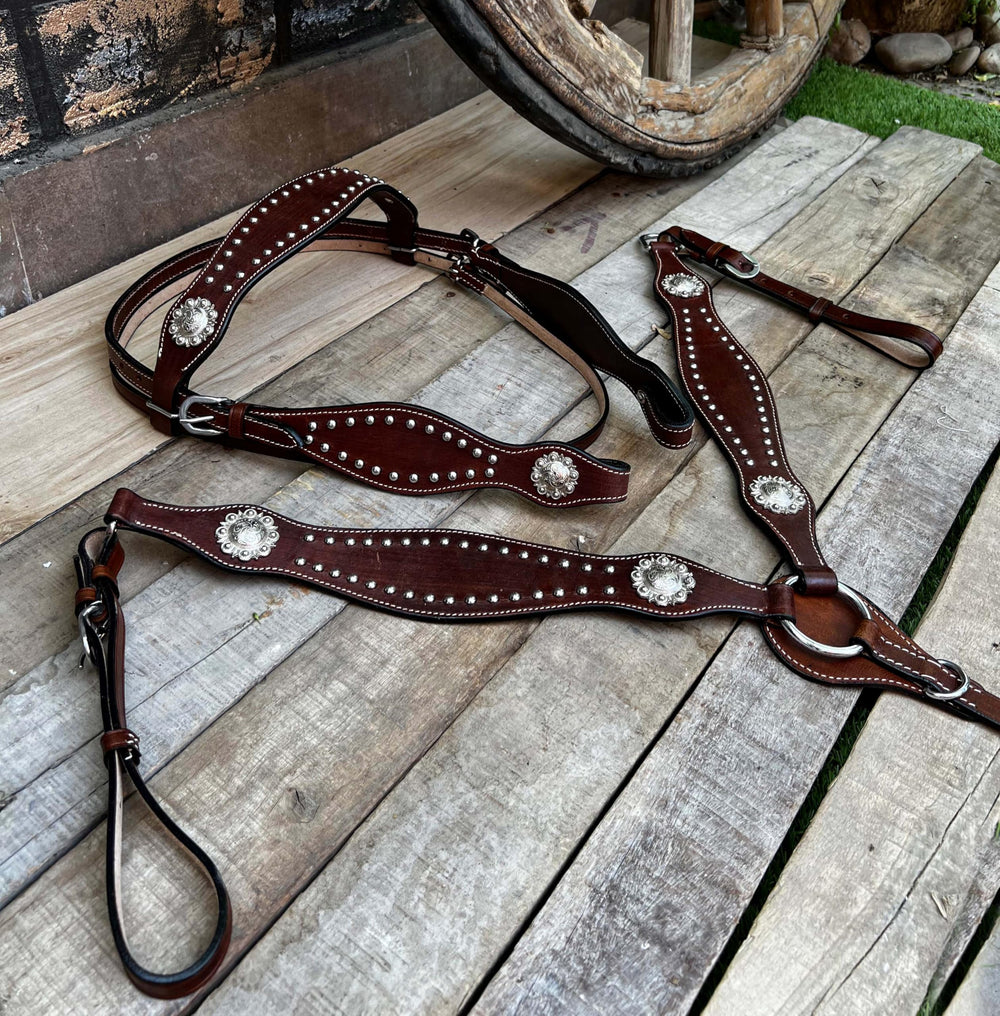 Hulara Top Grain Buff Leather Western Bridle and Breast Collar Set Tooled Headstall and Breastcollar - 5
