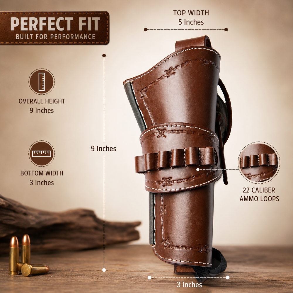 Hulara Leather Western Gun Holster for .22 Caliber Revolver – Fits 4" to 6" Barrel – Cowboy Style Belt Holster for Heritage Rough Rider