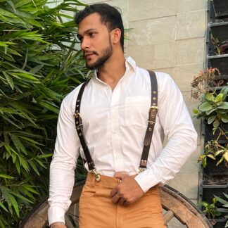 Hulara Full Grain Buff Leather Suspenders For Men/Women Adjustable Back Y Design Dress Suspenders For Men Brown Leather Suspenders For Men/Grooms/Wedding/Gift Mens Suspenders